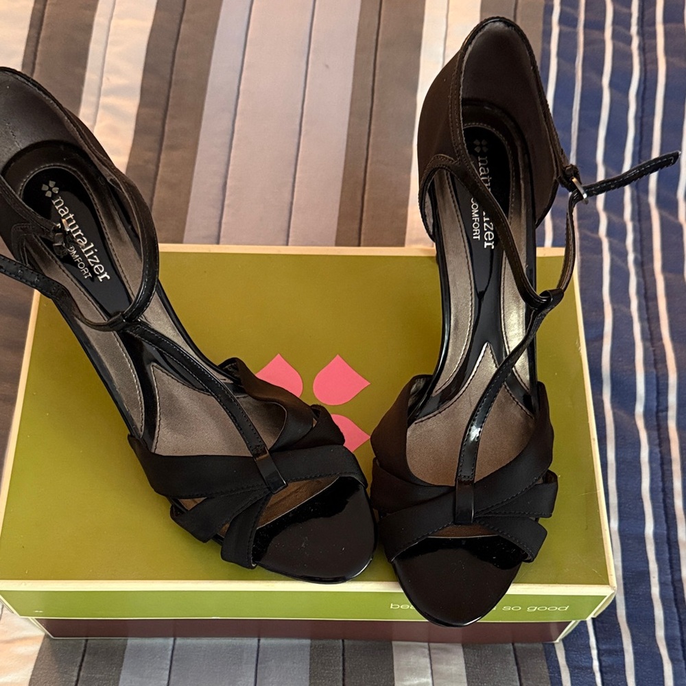Naturalizer Black Satin T-Strap Peep-Toe Heels
